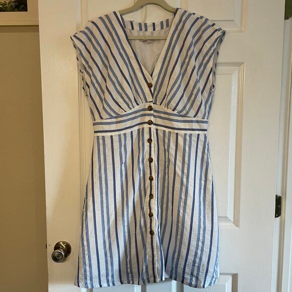 loft Dresses & Skirts - Loft Womens Blue & White V-Neck Striped Button Up Sleeveless Dress Size 14